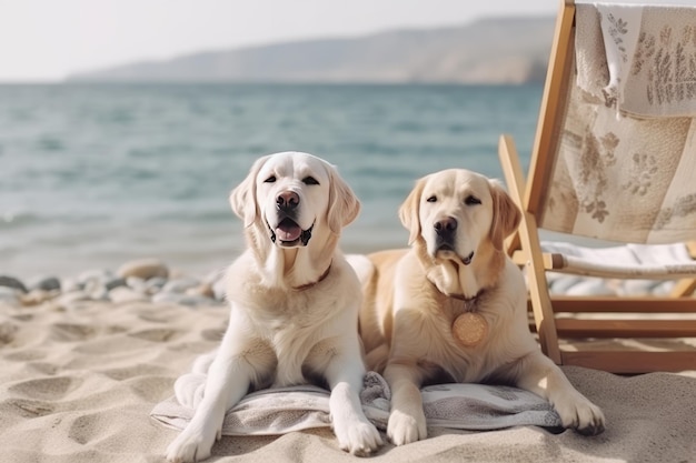 Twee honden zitten op een strand en één heeft een penning aan zijn halsband.