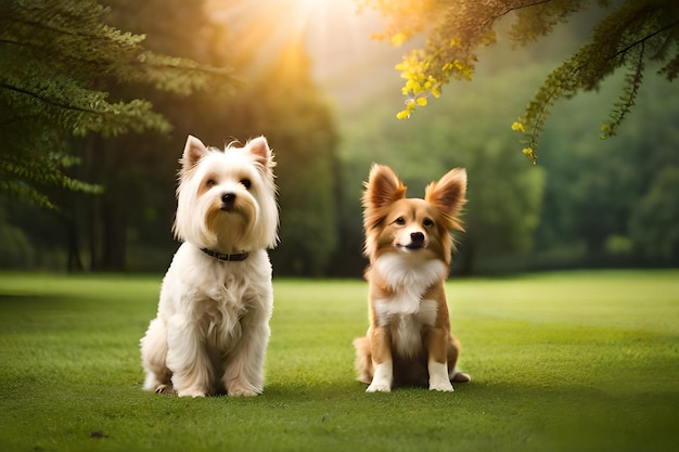 Twee honden zitten op een veld waar de zon op schijnt