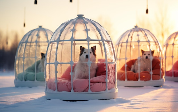 Twee honden zitten verdrietig in een krappe kooi.