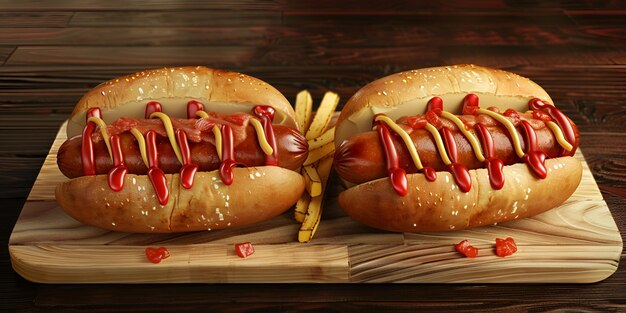 twee hotdogs met ketchup en mosterd op een houten plank