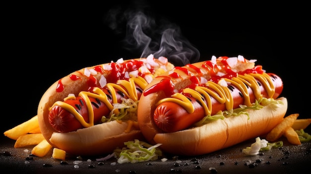 Twee hotdogs met ketchup en mosterd op zwarte achtergrond