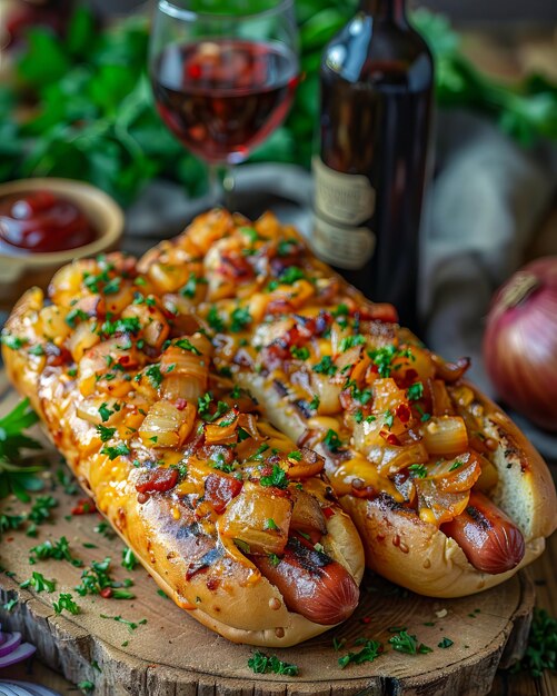 Twee hotdogs met uien en kaas op een houten plank.