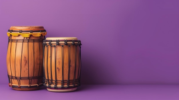 Twee houten djembe-trommels op een paarse achtergrond met genoeg ruimte voor tekst aan de rechterkant