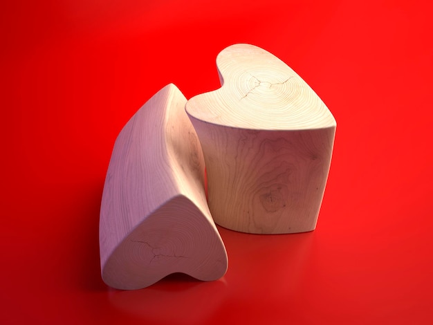 Twee houten harten op een rode achtergrond. Harten op een rode achtergrond, symboliseert liefde. Hart uit hout gesneden. 3D render