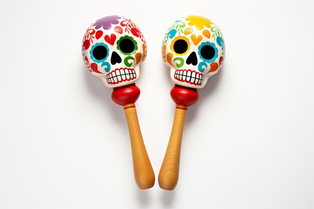 Foto twee houten maracas met kleurrijke schedels erop op een witte ondergrond generatieve ai