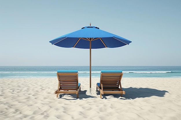Twee houten zonnebedden en een paraplu op een zandstrand met een turquoise zee Houten strandparaplu's en oranje strandstoelen op een strand