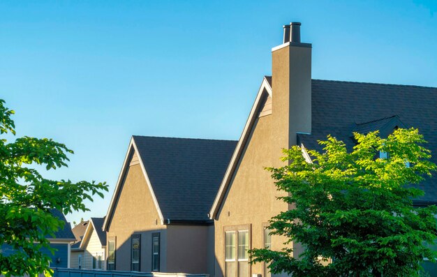 Twee huizen met bomen in de buurt onder de blauwe lucht