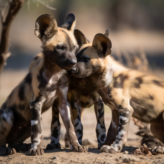 Foto twee hyena's zitten naast elkaar in het wild.