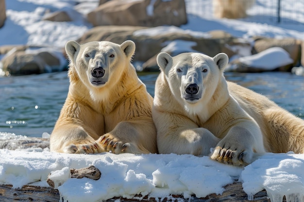 Twee ijsberen liggen te ontspannen op de sneeuw.