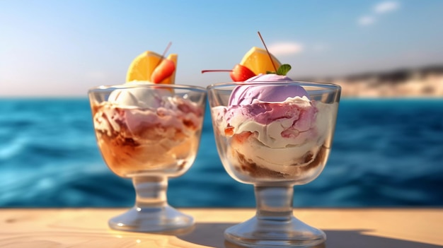 Foto twee ijsjes in een glazen bekers op het strand