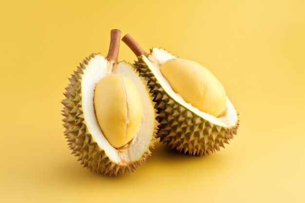 Foto twee in tweeën gesneden durianvruchten durianpulp binnen gezien geïsoleerd op witte achtergrond