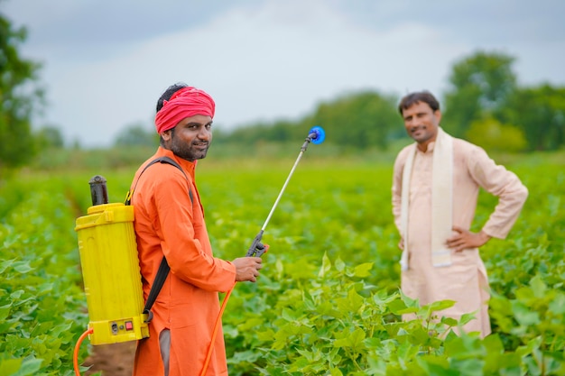 Twee Indiase boeren werken en discussiëren op een groen katoenveld.