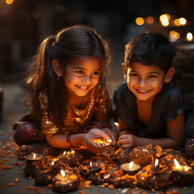 Twee Indiase vrouwen steken diya's aan ter gelegenheid van Diwali, ook wel bekend als het Festival of Lights Decora