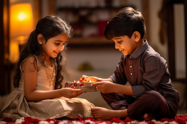 Twee Indiase vrouwen steken diya's aan ter gelegenheid van Diwali, ook wel bekend als het Festival of Lights Decora