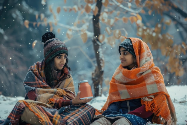 Twee Indiase vrouwen zitten in het park in winterkleding.