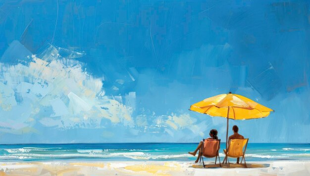 Twee individuele mensen zitten op een dekstoel onder een gele paraplu op wit zand met blauwe hemel op het strand schilderij
