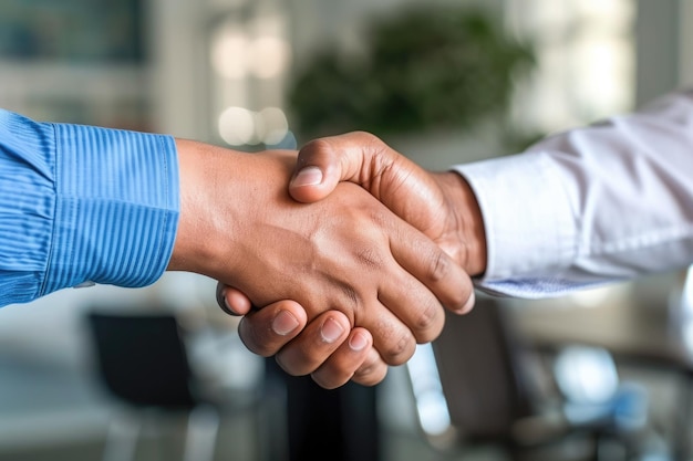 Twee individuen die betrokken zijn bij een formele zakelijke bijeenkomst die elkaar de hand schudden om een overeenkomst of partnerschap te symboliseren Handen schudden na een succesvolle zakelijke deal AI gegenereerd