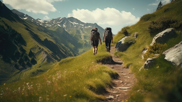 Foto twee individuen lopen langs een pad door het schilderachtige platteland zomerdag