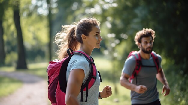 Twee individuen nemen deel aan buitenfitness door snel te lopen op een zonnig pad, elk met een rugzak die zich in een warme gloed koestert