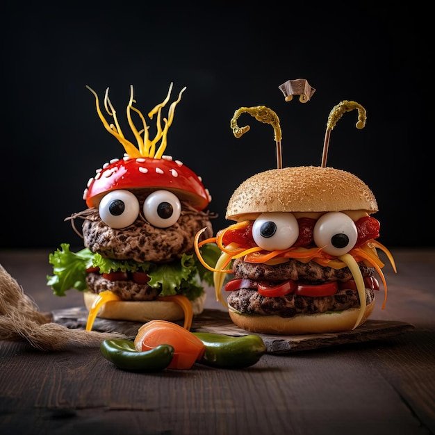 twee ingeklemde hamburgers verkleed als monsters en paprika's in de stijl van halloween-eten