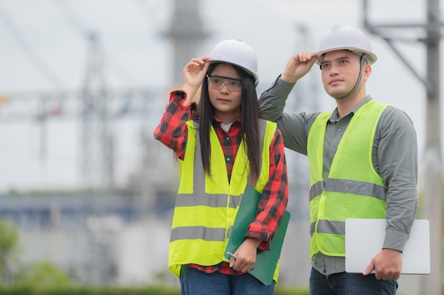 Twee ingenieur aan het werk bij energiecentralewerk gelukkig samen help elkaar het probleem te analyseren raadpleeg over ontwikkelingsrichtlijnen