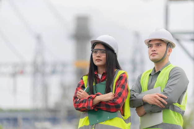 Twee ingenieur aan het werk bij energiecentraleWerk gelukkig samen Help elkaar het probleem te analyseren Raadpleeg over ontwikkelingsrichtlijnen