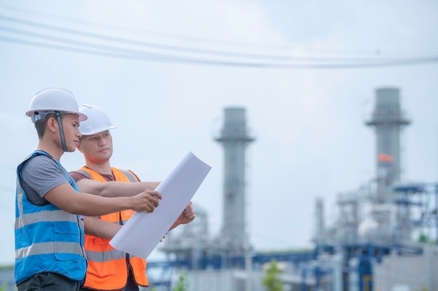 Twee ingenieur aan het werk bij energiecentralewerk gelukkig samen help elkaar het probleem te analyseren raadpleeg over ontwikkelingsrichtlijnen