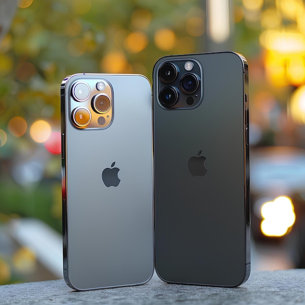 Twee iPhones naast elkaar op een tafel voor een boom en een straatverlichting met auto's een foto