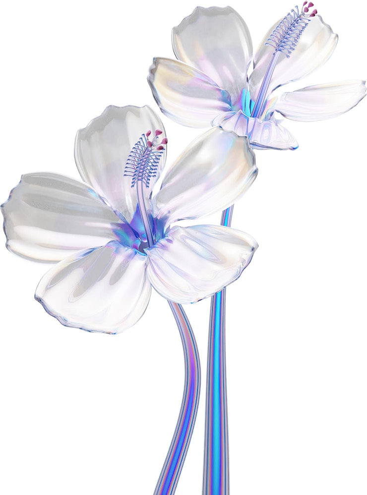 Foto twee iriserende bloemen op slanke stengels tegen de achtergrond