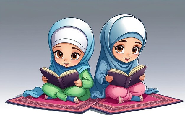 Twee islamitische zussen houden van het lezen van de Koran Vector cartoon