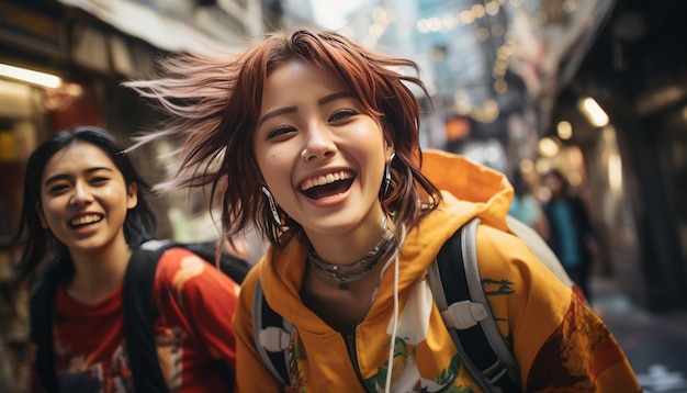 twee japanse meisjes lopen door de winkelstraten van tokio en genieten van de stad