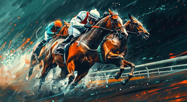 Twee jockeys racen paarden in de regen