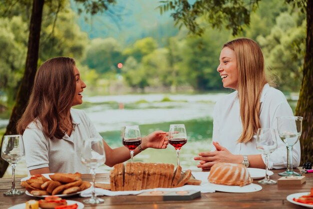 Twee jonge gelukkige vriendinnen die een glas rode wijn roosteren terwijl ze een picknick Frans etentje buiten hebben tijdens de zomervakantie in de buurt van de rivier in de prachtige natuur.