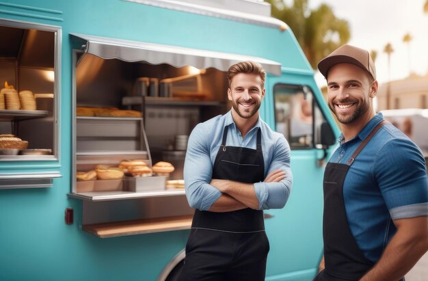 Twee jonge jongens in schorten staan voor een food truck, een straatvoedselwagen voor kleine bedrijven.