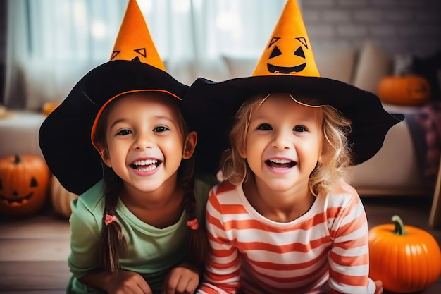 Twee jonge kinderen dragen Halloween-hoeden en glimlachen Vrolijke glimlach van kinderen aan de vooravond van de vakantie Feestelijk kostuum Jack-lantaarn