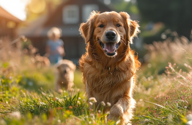 Twee jonge kinderen en een hond die in het veld rennen.