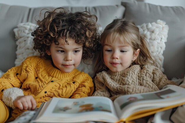 Twee jonge kinderen zitten in de bank en lezen een boek Generatieve AI