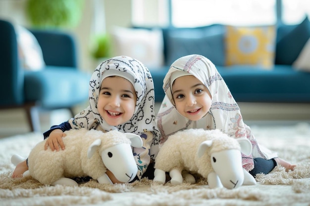 twee jonge kinderen zitten op de vloer met knuffeldieren