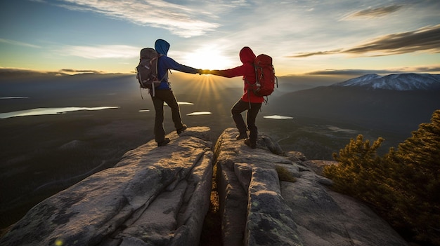 Twee jonge man die elkaar vasthoudt bovenop de heuvel Geluk vriendschap concept