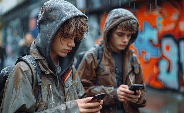 Twee jonge mannen lopen door de straat onder de regen ze gebruiken hun smartphones en letten niet op de omgeving
