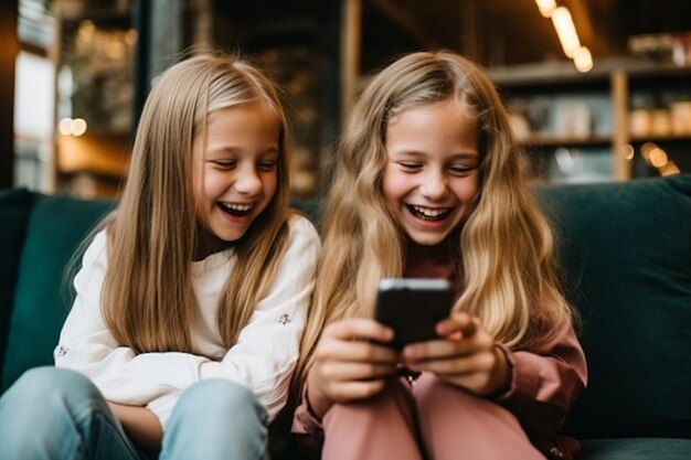Twee jonge meisjes genieten van een smartphone-video