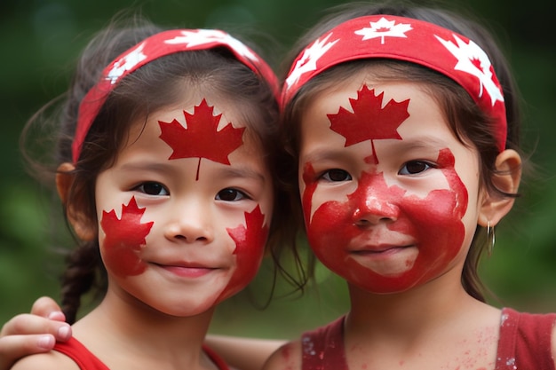 Twee jonge meisjes met Canadese vlaggen op hun gezicht geschilderd.