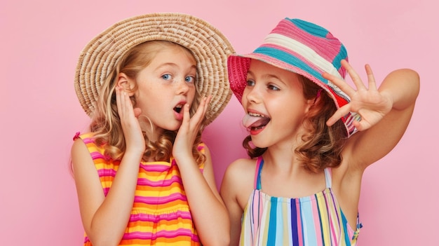 Foto twee jonge meisjes met hoeden en jurken staan naast elkaar.
