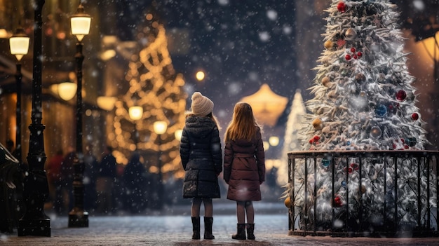 Twee jonge meisjes staan op de kerststraat en kijken naar de kerstboom bedekt met sneeuw