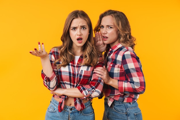 twee jonge mooie meisjes die geruit overhemd dragen dat fronst en geïsoleerde verontwaardiging uitdrukt