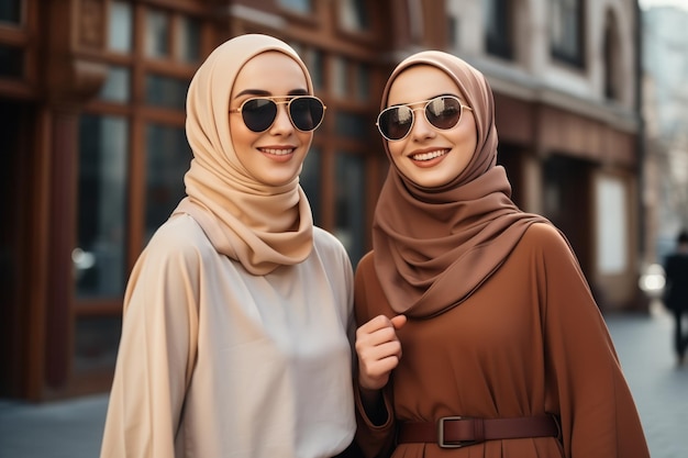Twee jonge moslimvrouwen glimlachen samen op een straat.