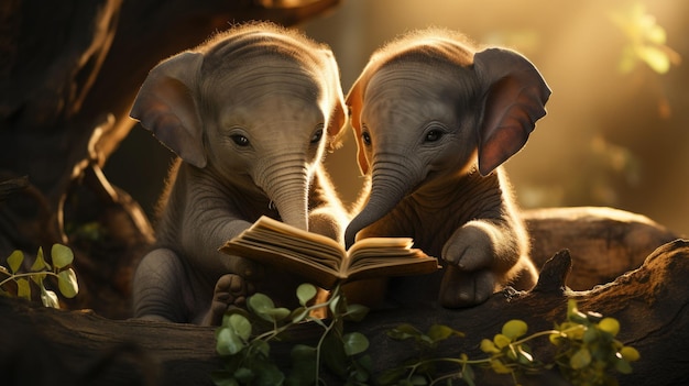 twee jonge olifanten die een boek lezen onder de boom in het parkleer- en kennisconcept