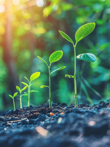 Twee jonge planten groeien in het vuil.