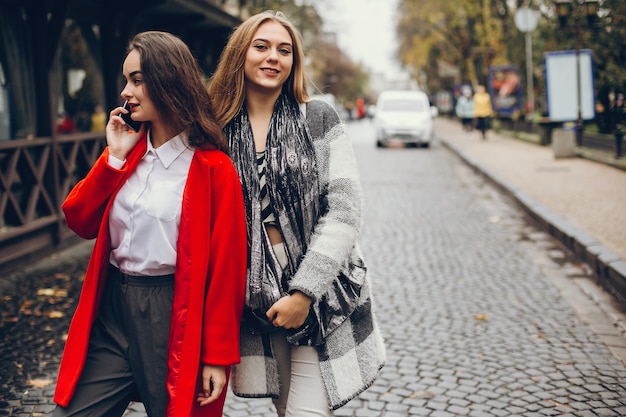 Twee jonge stijlvolle meisjes staan ​​in een herfst stad met telefoon