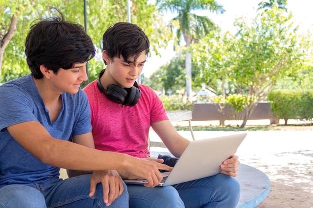 twee jonge studenten wijzend op een laptopscherm in een park